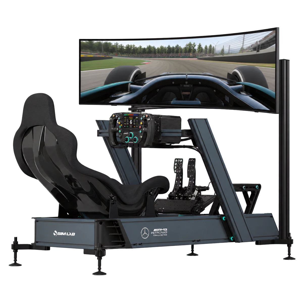 Formulový simulátor s kokpitem, volantem, pedály a širokoúhlým monitorem